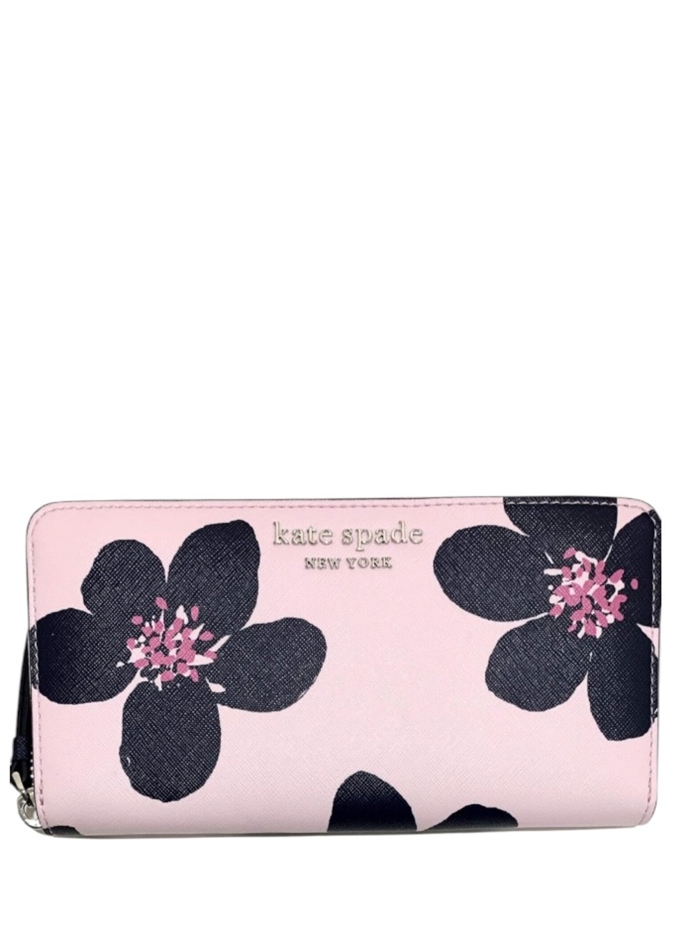 kate spade Pink Floral Zip Wallet with Navy Blooms